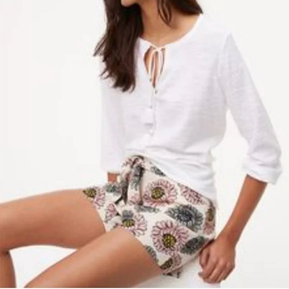 Loft Women's Size 12 Marigold Tie Waist Shorts Linen Beige Pink Blue Large Print
